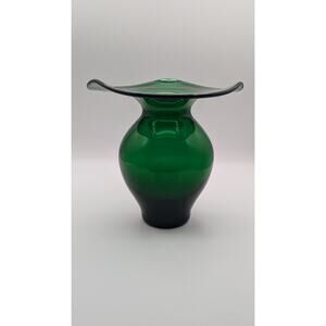 Vintage Wide Rim Green Glass Blown Vase.  7" tall